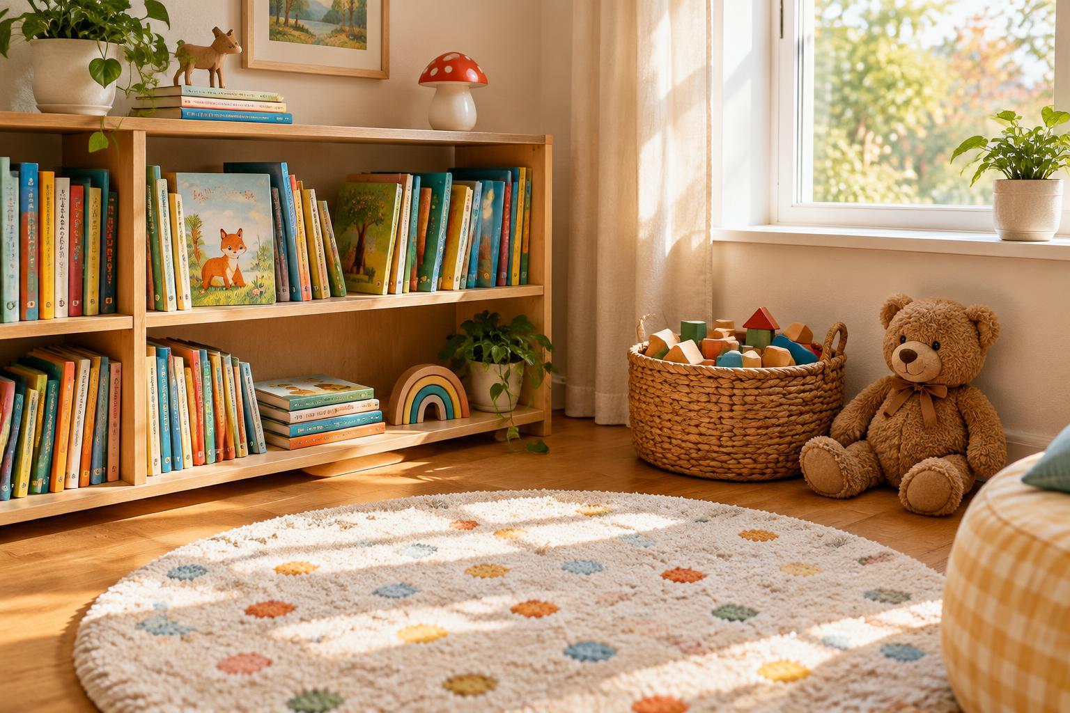 A sunlit children’s reading corner with a wooden bookshelf, a rug, wooden blocks and a teddy bear