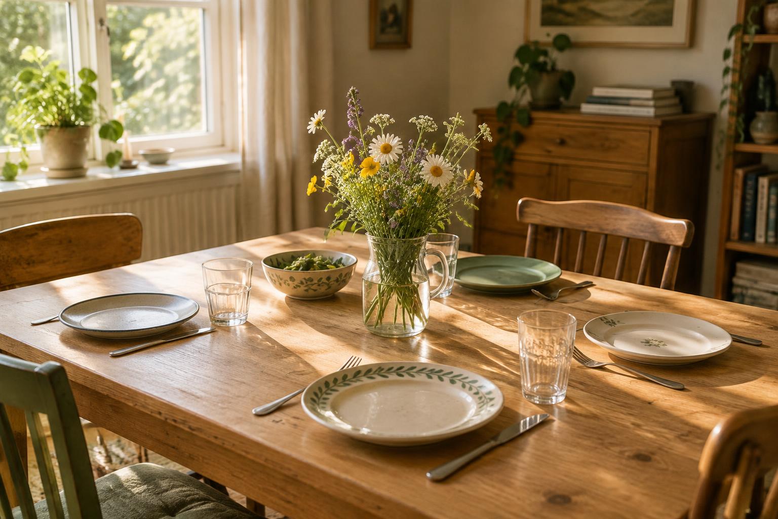 A wooden dining table set simply for a meal, with a glass jug of wildflowers in the middle
