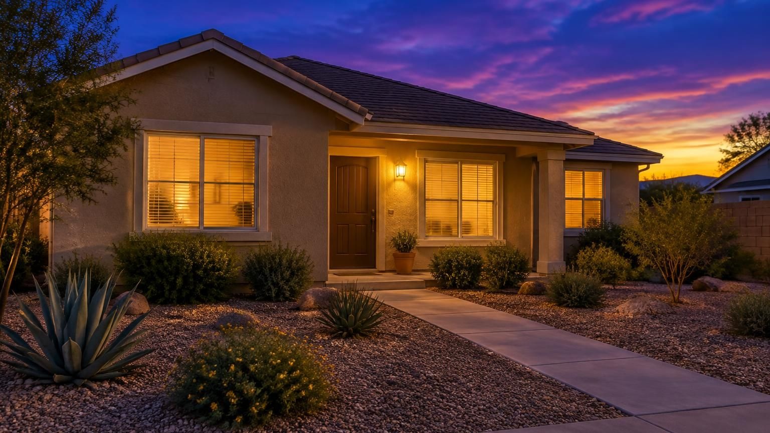 A modest single-story home at dusk, its windows softly lit, beneath a deep purple evening sky