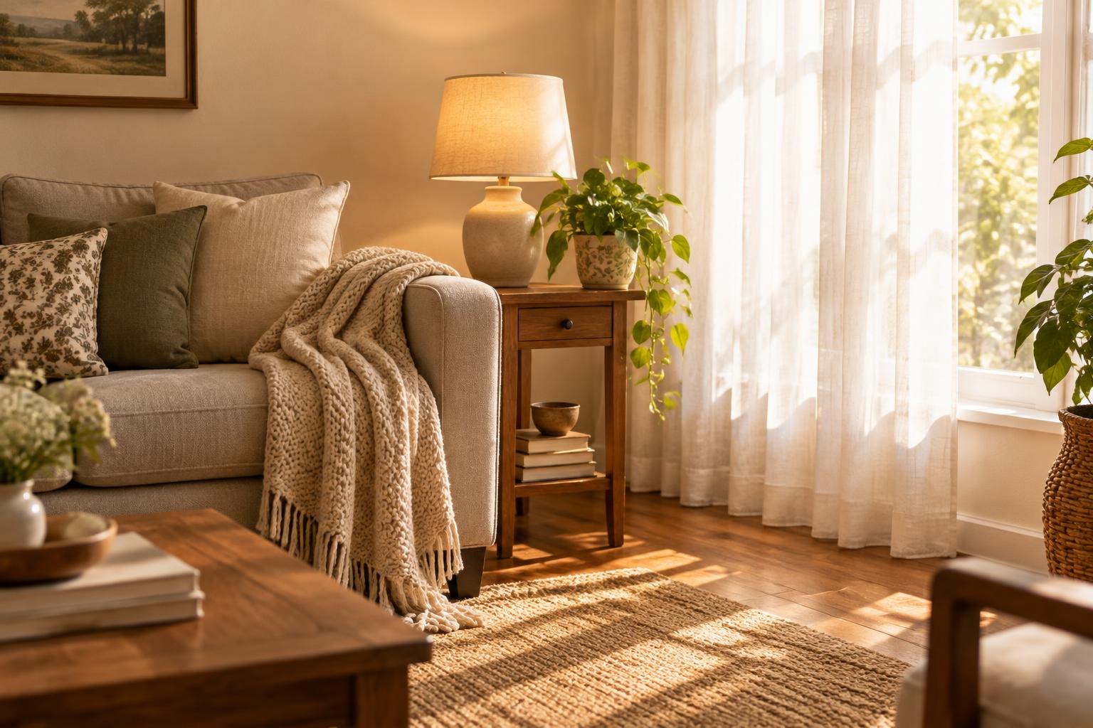 A calm, sunlit living room with a sofa, a knitted throw and a lamp
