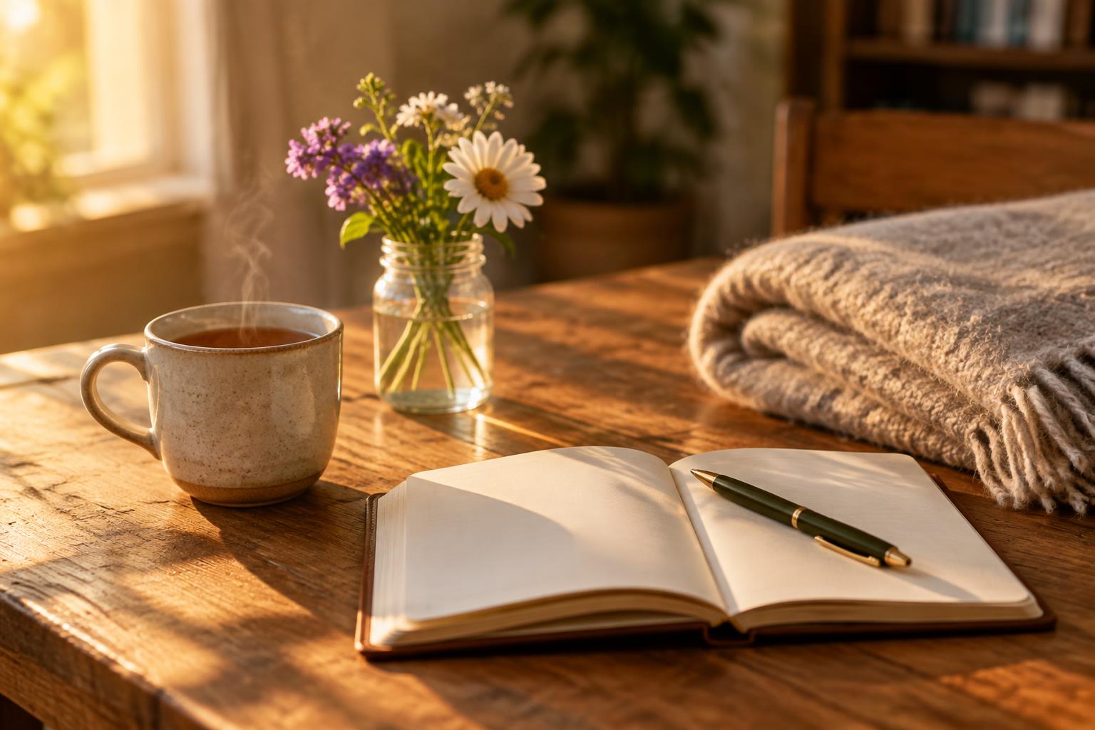 A mug of tea, an open journal and a small jar of flowers on a wooden table in warm light