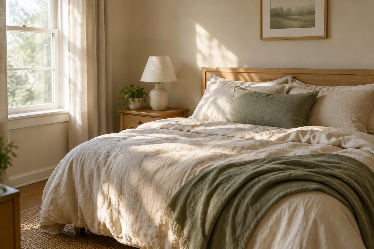 A sunlit bedroom with a neatly made bed in soft cream linens and a lamp on the nightstand